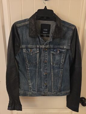 Veda Blue Denim Jacket with Black Leather Sleeves
